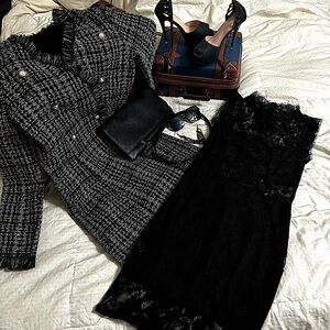 Black tie bundle. Coat, dress, purse, shoes, sunglasses and jewelry $75 for all.